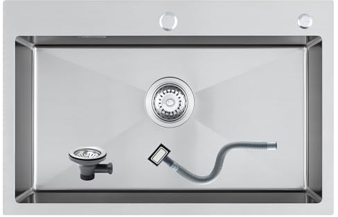 KEOKBON Spülbecken Edelstahl Eckig, 70x45cm Spüle Edelstahl Küche mit Hahnloch, Küchen Einbauspüle Groß ab 80er Schrank, Handgefertigte Nano-Oberfläche Küchenspüle 1 Becken, Kitchen Sink