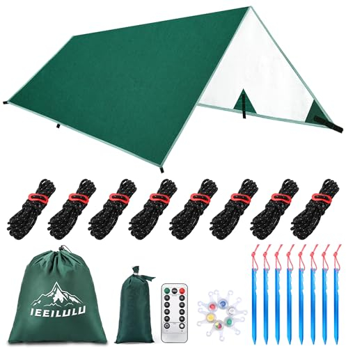 IEEILULU Tarp Wasserdicht 3x3/3x4/3x5m, Ultraleicht Camping Zeltplane mit Ösen+6 Erdnägel+ 6 Seilen+ Licht, Regenschutz Sonnenschutz für Camping Outdoor Picknick Wandern Hängematte(Grün)