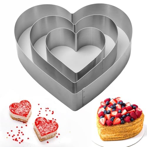 WWYSSZ 3 Stück Herzbackform-set, 10/15/20 cm Herz Backform Edelstahl Tortenring Herzform Kuchen Kuchenform Backrahmen Groß, für Tortendeko Back Zubehör Schichtkuchen Urlaubs Party