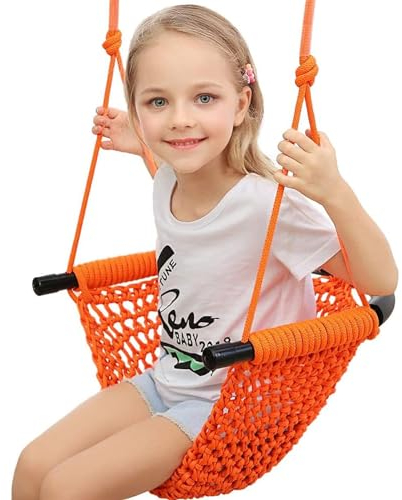 Kinderschaukel Schaukel Indoor Outdoor Hängen Schaukel für Kinder zum Schaukeln Hängesessel Handgestrickter Bequem und Atmungsaktiv Kinder Schaukelsitz Höhenverstellbar Schaukel(Color:Orange)