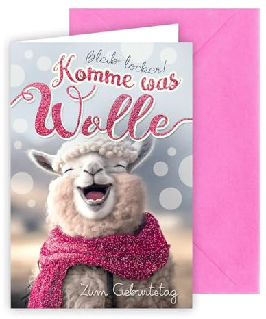 KE - Humorvolle Geburtstagskarte für Männer und Frauen, Glückwunschkarte, Glitzerkarte, inkl. Umschlag, DIN B6 Format, pink, Motiv: Schaf