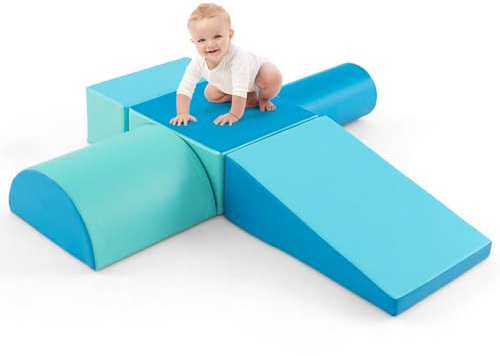GOPLUS 5 TLG. Schaumstoffbausteine, Softbausteine zum Klettern & Rutschen, Riesenbausteine aus PU & EPE für Kinder, Großbausteine mit Vielseitige Formen für Kinderzimmer & Kindergarten (Seeblau)