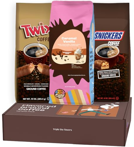 Perfect Samplers Flavored Ground Coffee Gift Box Variety Pack, Milky Way, Twix, Caramel Vanilla, Medium Roast Ground Coffee Sampler, 3 Pack
