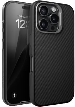 Woodcessories Carbon Case - iPhone 16 Pro Hülle Carbon kompatibel mit MagSafe | Stoßfeste 3D-Struktur | Ultra dünne iPhone Hülle mit Kameraschutz schwarz