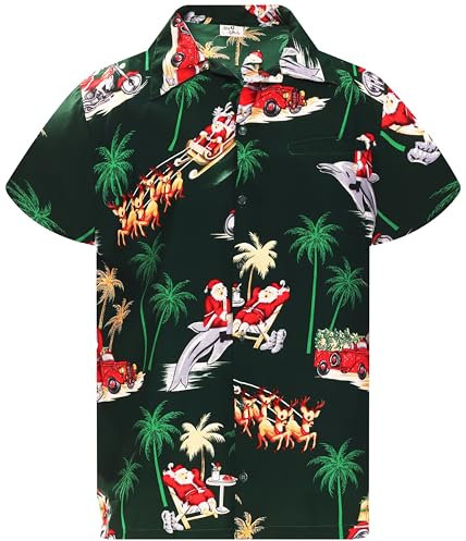 King Kameha Funky-Hawaii-Hemd, Weihnachten, Herren, Kurzarm, Chistmas-Dolphin-Santa, Grün, 6XL