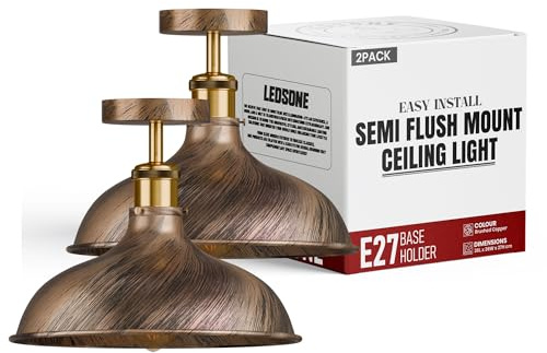Brushed Copper Metal Dome Shade 36cm Semi Flush Mount Ceiling Light 2 Pack | E27 vintage close to ceiling light fittings hardwired with bulbs easy fit industrial for kitchen bedroom hallway living room