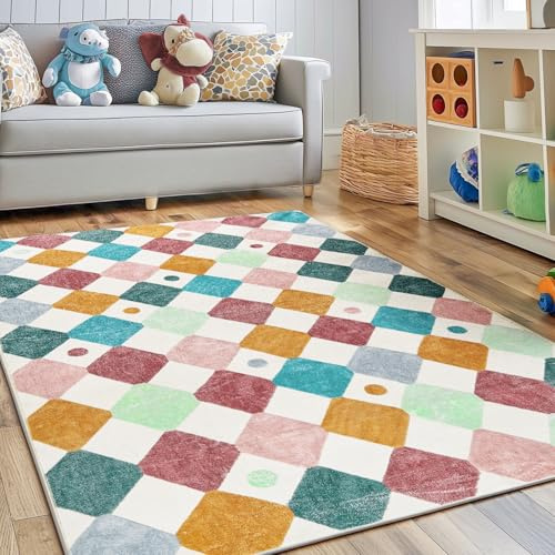 TOPICK Area Rug 150x210cm Washable Colorful Trellis Indoor Non Slip Soft Large Rug Living Room Diamond Modern Carpet for Nursery Room Bedroom Dining Room Kid Kitchen Confetti on Cream