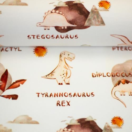Jersey Stoff Baumwolljersey LIMA | Dinosaurier, Schrift, schlamm| 2 Farben | Ökotex | ab 50x150cm | Meterware (naturweiß)