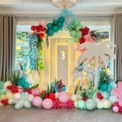 HILAVO Tropisches Ballonbogen-Set für den Sommer, hawaiianische Perle, Blaugrün, Limettengrün, Pastellrosa, Blau, Elfenbein, bunte Ballon-Girlande für Hawaii, Luau, Aloha, Pool, Strand, Geburtstag