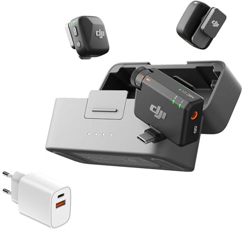 DJI Mic Mini(2 TX + 1 RX + Custodia di Ricarica) Bundle, Microfono Wireless, Leggero, Audio di Alta Qualità, Cancellazione Rumore,48 Ore di Utilizzo, Microfono Senza Fili per Fotocamere/iPhone/Android
