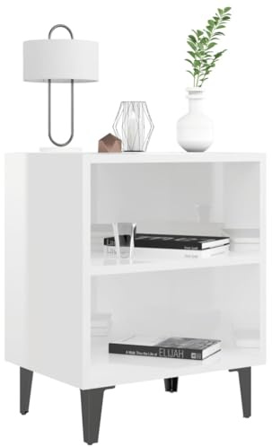 NUMNBE Nachttisch High Gloss Weiß 40x30x50 cm Metallbeine Industriestil 2 Ablagen Stabile Konstruktion für Schlafzimmer