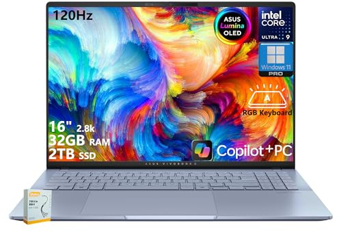 ASUS Vivobook S16 Copilot+ AI PC portatile | 16 2.8k OLED 120Hz | Intel Core Ultra 9 285H | 32GB RAM 2TB SSD | Retroilluminazione RGB per Creator Designer Business Professional Win11 Pro w/DLCA