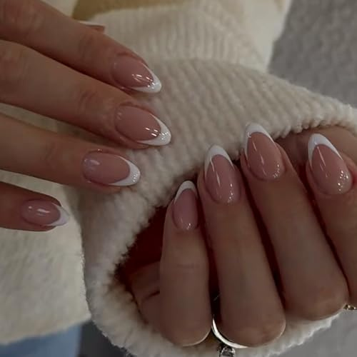 French Tip False Nails - 24Pcs Almond False Nails - Elegant White Edge Press On Nails Short In 12 Sizes - Full coverage Glossy false nails with Glue - Stick on Nail for Women Girls
