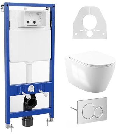 Vorwandelement WC Set Komplett – Höhenverstellbares Hänge-WC mit D-Form Sitz & Absenkautomatik, Spülkasten mit Schallschutz, Wassersparend (3/6L), 500kg Tragkraft – Weiß, Modern & Hygienisch