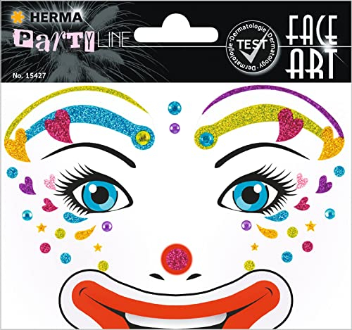HERMA 15427 Face Art Sticker Clown, dermatologisch getestet, ablösbare Glitzer Gesicht Aufkleber, temporäre Tattoos für Karneval Fasching Halloween Festival Kinder Geburtstag, bunt
