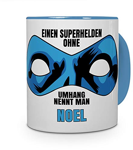 printplanet Tasse mit Namen Noel - Motiv Superhelden ohne Umhang - Namenstasse, Kaffeebecher, Mug, Becher, Kaffeetasse - Farbe Hellblau