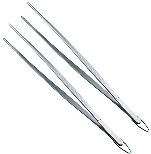 HINMAY Extra-Long Tweezer Tongs 12-Inch Stainless Steel Tweezers with Hook, Set of 2