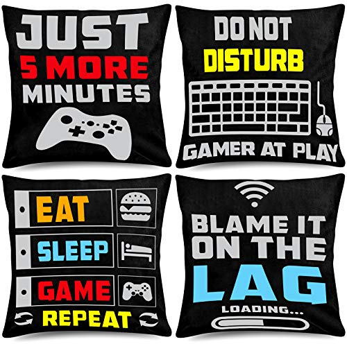 Whaline Video Game Throw Pillow 18 x 18 Inch Gamer Controller Pillow Cover Gaming Throw Cushion Cover 4 Pack Gamepad Logo Pillow Case Design for Home Office Car Sofa Couch Living Room