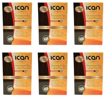 ICAN PERMANENT HAIR COLOR POWDER, NO AMONIA, NO PEROXIDE (2.0 NATURAL BLACK) 6 X PACKS