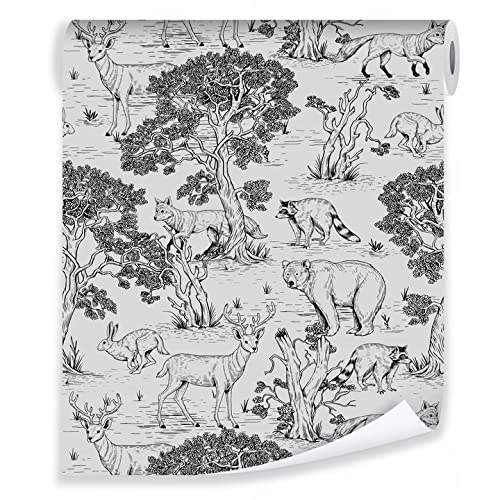 Vliestapete Rolle Kinderzimmer Wald Tiere Grau 10mx50cm Modern 10M Vlies Tapete Waldtiere Kinder Kindertapete Tapeten Wandtapete Mustertapete Tapetenrolle inklusiv Kleister UV-Beständig (1036)