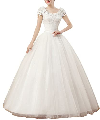 GUOCU Abiti da Sposa Lungo Vestito da Sposa Principessa Manica Corte Tulle Pizzo Scollo a V Stile Impero Linea Ad a Elegante Abiti da Sposa Abiti da Sera