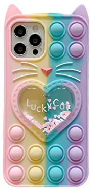 Asgens Fidget Pop Case for iPhone 11, Cute Cartoon Lucky Cat Quicksand Bling Stars Push Bubbles Shockproof Silicone Soft Phone Case for Apple iPhone 11 6.1 inch