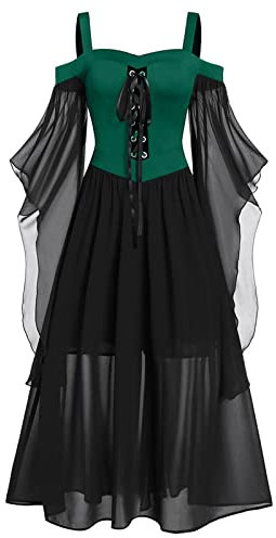 AMhomely Halloween Dress Medieval Costume Women Butterfly Sleeve Maxi Dress Cold Shoulder Steampunk Corset Dress for Women Gothic Clothes