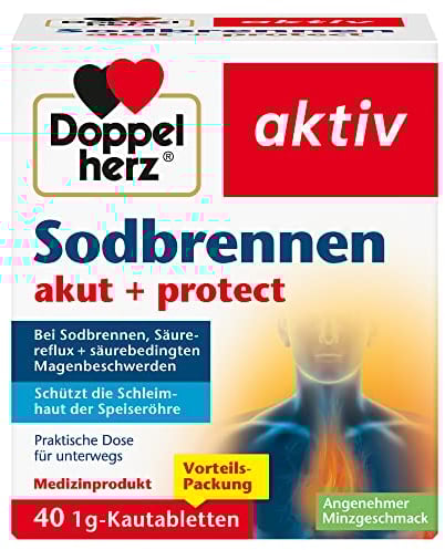Doppelherz Sodbrennen akut + protect - Medizinprodukt bei Sodbrennen, Säurereflux + säurebedingten Magenbeschwerden - 40 Kautabletten mit Minzgeschmack