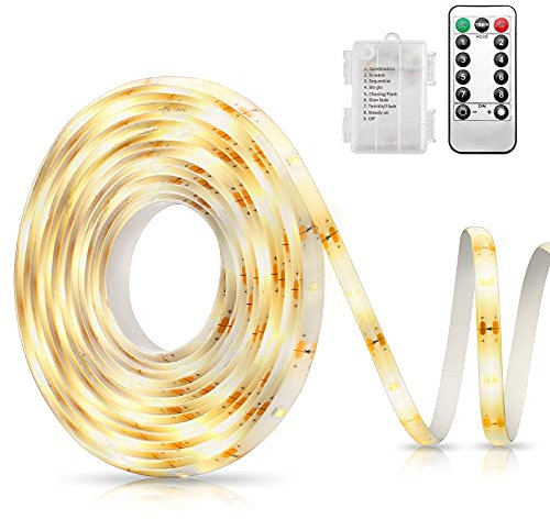 AMIR LED Ruban Bande Lumineuse à LED, 3M 90 LED Alimentée par Batterie avec Télécommande, 8 Modes, Auto-adhésive, étanche pour le Rétro-éclairage de la Télévision, la Cuisine, Noël, Blanc Chaud