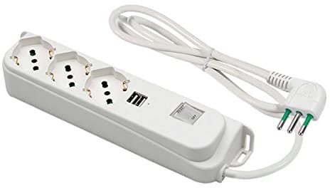 FANTON 474504 Multipresa 3 posti + USB OMEGA ciabatta 3 prese bipasso/schuko 2P+T 16A + 2 prese USB-A 5V 3A cavo 1,5 m. spina piccola 2P+T 10A + interruttore automatico luminoso di sovraccarico