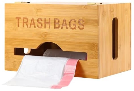 Extra Large Trash Bag dispenser, Garbage bag Holder with Handle, Kitchen Trash Bag Organizer, Bamboo wall Mounted Trash Bag Dispenser Roll Holder for Cabinets, Countertops and Under Sink