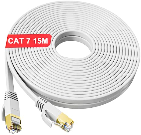 Cable Ethernet 15 metros, Cat 7 Cable de Red Bloqueado 15m RJ45 Gigabit Alta Velocidad Plano Cable Internet Blanco, 600MHZ Banda Ancha Fino Cable LAN, Blanco Cable de Conexión para Switch Router Módem