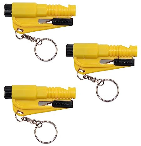 THE JUNGLE - Portachiavi di sicurezza 3 in 1 - Martello Rompe Cristalli Auto, Taglierina Cintura, Fischietto di Emergenza, Coltello - Giallo, Confezione da 3