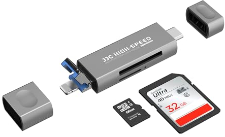 JJC Lecteur de Carte SD en métal pour iPhone, Lighting USB C 3.0 USB A 2.0 Lecteur de Cartes pour SD Micro SD TF, Adaptateur de Cartes Mémoire pour iPhone 16/15/14/13/12/11 (Gris)
