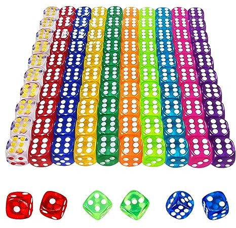 NOKDAL 100 Stücke Mini Würfel Bunte Würfel Set Spielwürfel Klein Würfel Farbig 6 Seitige Würfel 12mm Acryl Würfel Transparent Bunt Würfelspiele Tischspiele für Spiel und Party Partyspiel Zubehör