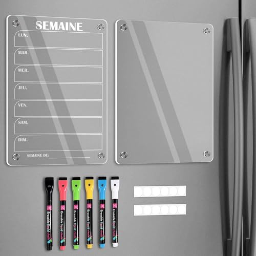 BIROYAL Lot de 2 Calendrier Magnetique Frigo(Avec Marqueurs 6 couleurs) - Acrylique Tableau Magnetique Frigo - Planning Semaine - 30x20 cm - Planificateur Hebdomadaire - Tableau Organisation Famille