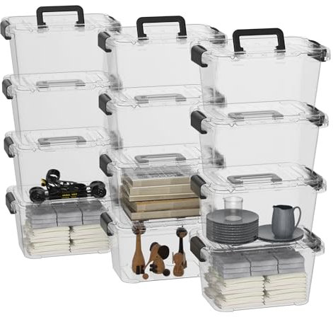 Cetomo 6Lx12 Pack Storage Boxes, Storage Box with Lids and Handle for Home Dorm Office Organization, Stackable Nesting Tote Container, Plastic, Clear, 6L-12 Pack