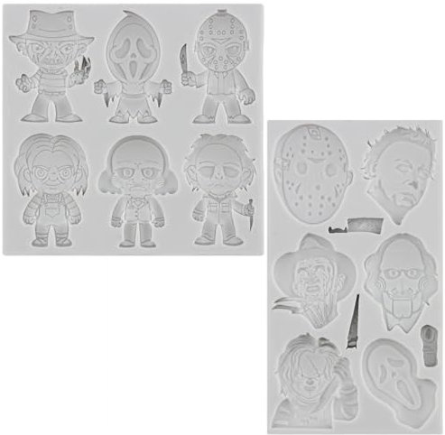 MINFEIDMS Horror Characters Fondant Molds 3D Silicone Molds Scary Movie Characters Molds For Halloween Friends Cake Decorating Cupcake Topper Candy Chocolate Gum Paste Polymer Clay Set Of 2