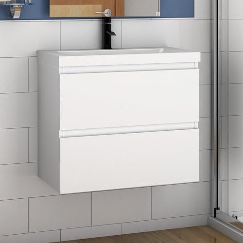Acezanble 500mm Wall Hung Bathroom Gloss White 2 Drawer Vanity Unit Cabinet with Ceramic Sink Basin Storage Cabinet Furniture