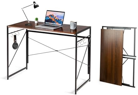 GYMAX Escritorio de Ordenador Plegable, 100 x 50 x 75cm, Mesa de Oficina con 6 Ganchos para Colgar y Estructura Metálica, Escritorio de Estilo Industrial para Salón, Estudio y Oficina (Marrón Rústico)