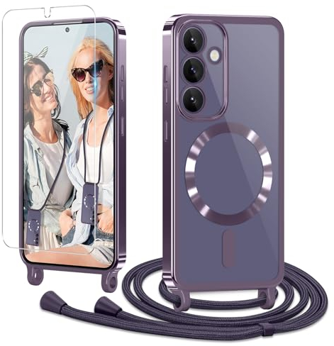 Ethanger Coque pour Samsung Galaxy S24 5G avec Cordon de Collier + 1×Verre Trempé, Coque Transparente Silicone TPU Bumper Etui Housse avec Cordon Réglable, Magnétique Cover pour Samsung S24 Violet