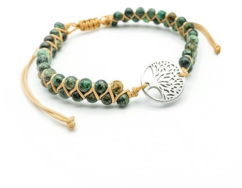 AusTree Lebensbaum Armband – Geschenk für Damen, Mutter, Tochter, Mädchen - Yoga Jaspis Edelstein Perlenarmband Anhänger Spirituell & Glücksbringer – Perlen Schmuck grün– 16 – 24cm (Grün-Silber)
