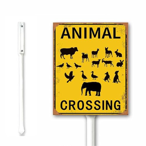 Cartello rustico in metallo con animali che attraversano animali con paletto, giallo e nero, segnali di rallentamento, 18 x 22 cm, cartello in alluminio robusto antiruggine per esterni