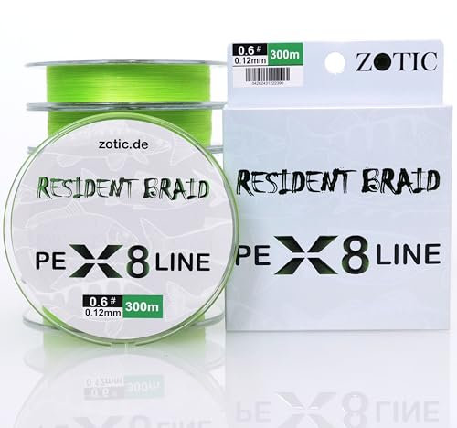 Zotic Resident Braid PE X4/X8-4-fach/8-fach geflochtene Angelschnur für Baitcaster u. Spinnrute, Profi Angelzubehör, Raubfisch, Angelsehne, 100m 150m 300m (X8 Grün, 300m - 0.14mm - 6.5kg)