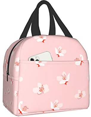 Hulnulnu Cute Japanese Cherry Blossoms Pink Flower Insulated Lunch Bag Reusable Lunch Box Portable Cooler Lunch Boxes Waterproof Lunch Tote for Picnic Office Work