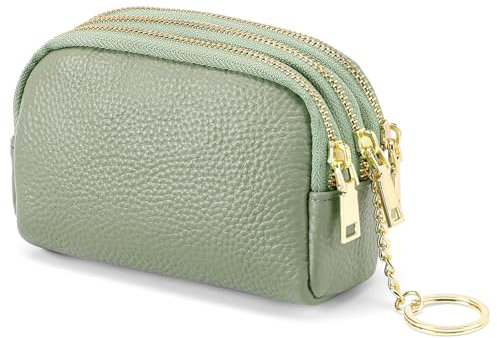 SENDEFN Petit porte-monnaie en cuir avec 3 fermetures éclair pour femme avec porte-clés, Vert, Mini, Pochette à monnaie