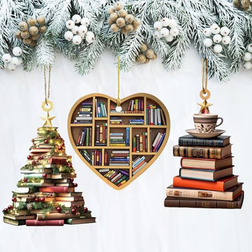Gyoungt 3PCS Book Christmas Tree Ornaments Christmas Ornaments For Book Lovers, Stacked Books Ornament Christmas Hanging Gift Decorations for Christmas Tree (Heart)
