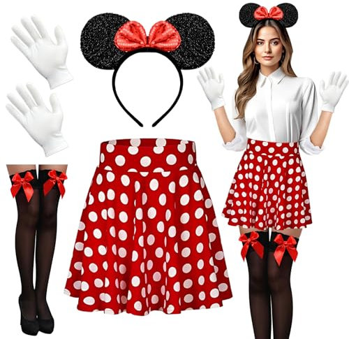 Ycaaeo Mini Maus Kostüm Damen mit Rote Gepunktet Kleid,Mini Mouse Haarreif,Oberschenkel Kniestrümpfe mit Schleifen,Rote Kleid und Handschuhe,Mini Maus Kostüm Set Für Fasching Karneval Kostümparty