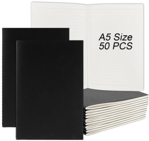 APACALI 50 Stück Notizbuch A5 Blanko, 60 Seiten (30 Blätter) Notizblock Skizzenbuch Kraft Cover Schwarz, 21x14,5cm Notizbücher für Büro und Schule, zum Zeichen, Doodling, Schreiben