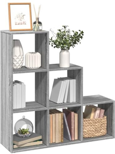 Makastle Bücherregal 6 Fächern schmales Regal Stufenregal Ordnungssystem Treppenregal Leiterregal Aufbewahrungsregal für Wohnzimmer Arbeitszimmer, Grau Sonoma 99x29x99 cm
